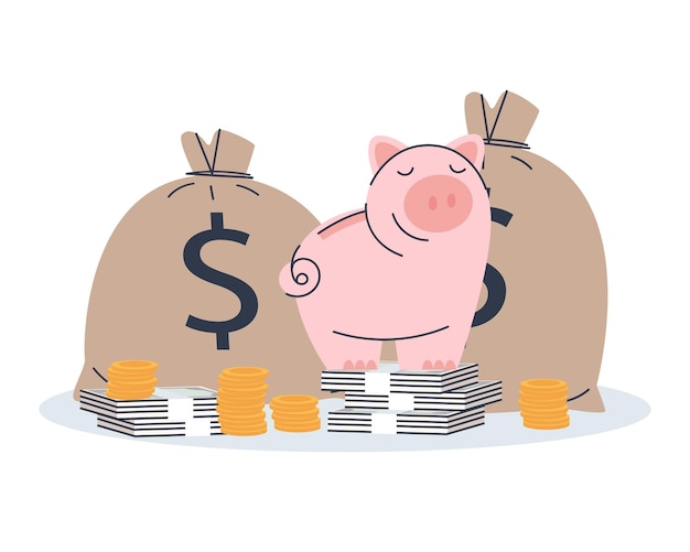 Piggy bank Bags of money stacks of banknotes and gold coins Flat vector illustration Eps10