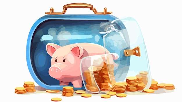 Piggy Bank and Coins Inside Glass Bottle with Suitcase