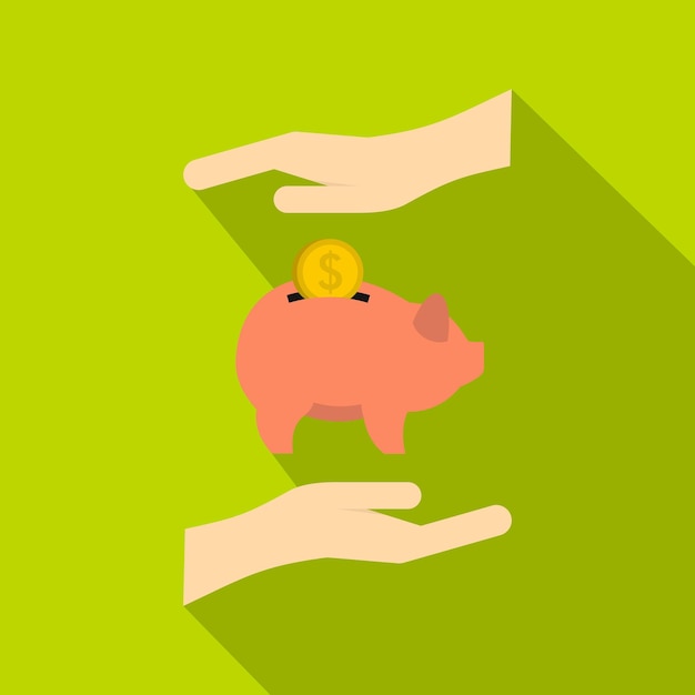 Piggy bank and hands icon Flat illustration of piggy bank and hands vector icon for web isolated on green background