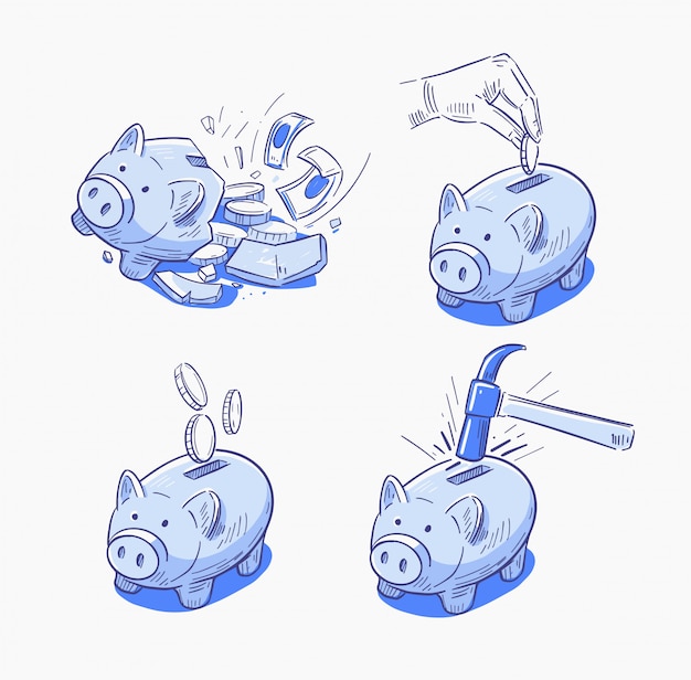 Piggy bank icons. Broken piggy bank. illustration in lineart style.