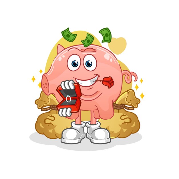 Piggy bank propose with ring. cartoon mascot vector