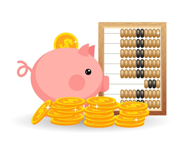 Piggy bank, retro abacus and gold coins dollars. Business and finance concept. Poster, vector