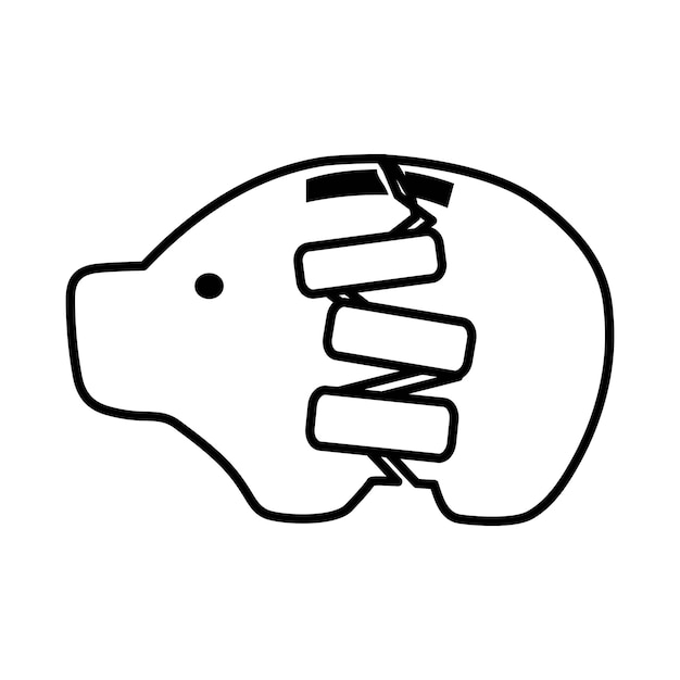 Piggy bank with cracks and a bandaid Outline isolated icon Vector hand drawn illustration