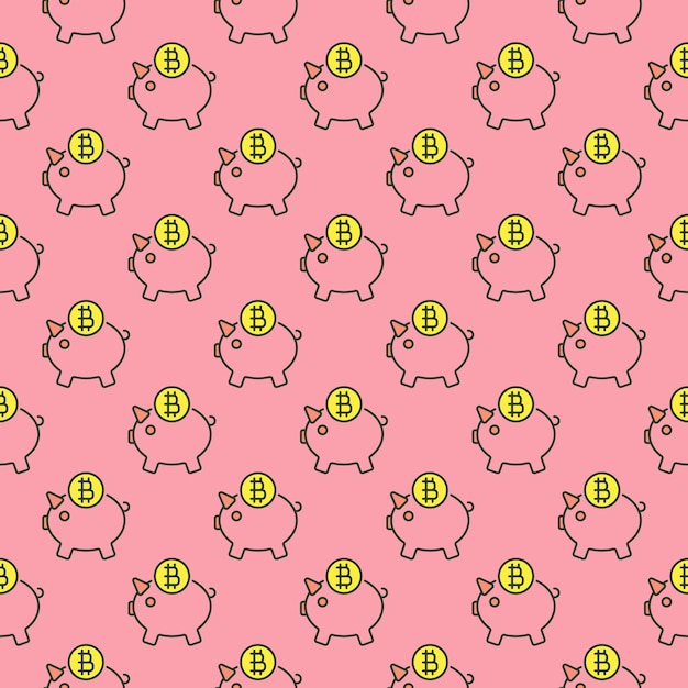 Vector piggy bank with cryptocurrency vector bitcoin colored seamless pattern