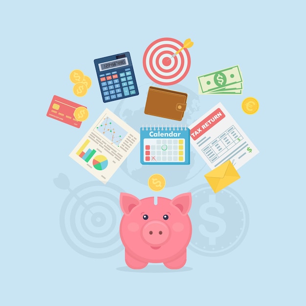 Piggy bank with dollar bills, calculator, calendar, wallet, tax form, credit card on background