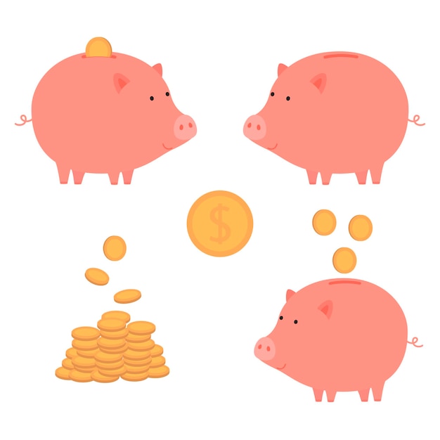 Piggy bank with money and empty dollar and stack of coins