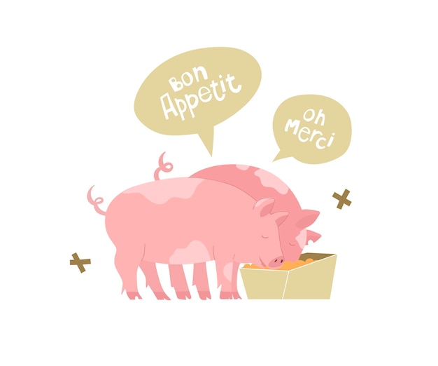 Pigs are eating food Speech bubbles with quotes Bon Appetit and Oh mercy means thanks Farming