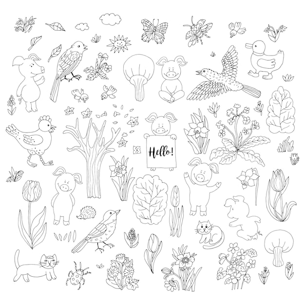 Pigs birds flowers collection set banner farmer line art vector