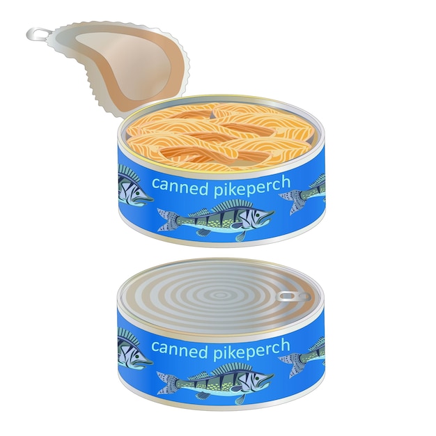 Pike perch canned Canned food with painted pike perch Open and closed