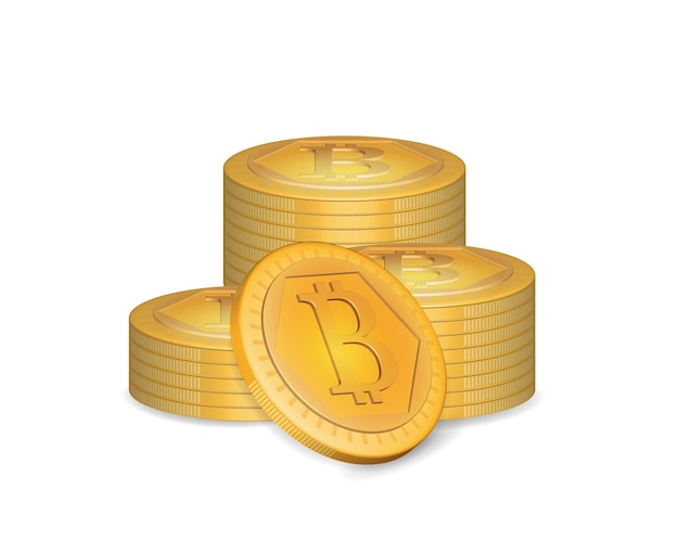 Pile of Bitcoin symbols of gold coins. Financial assets 3d vector illustration