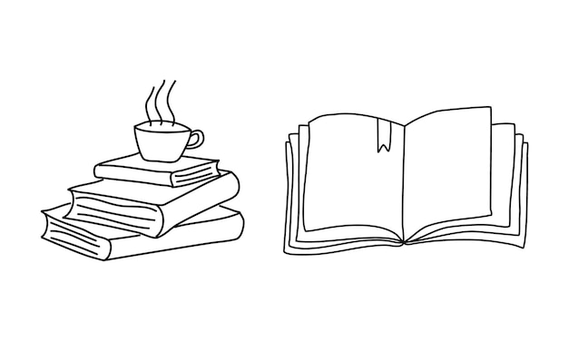 Pile of books with cup of tea open book line drawing Vector object illustration minimalism hand drawn sketch design Concept of study and knowledge