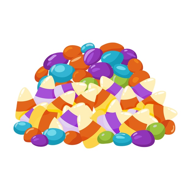 A pile of candy corn and candy beans Various sweets for children for the holiday Halloween Multicolored sweet treats Vector illustration