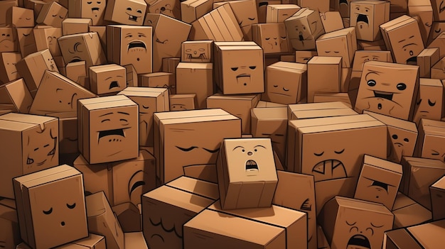 a pile of cardboard boxes with a sad face and a sad face