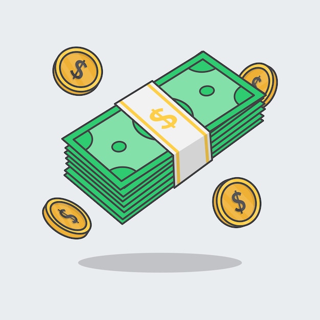 Pile Of Cash Money And Gold Coins Cartoon Vector Illustration Financial Concept Flat Icon Outline