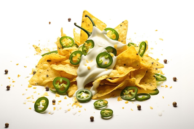 Vector a pile of chips and a white background with a green pepper and jalapenos