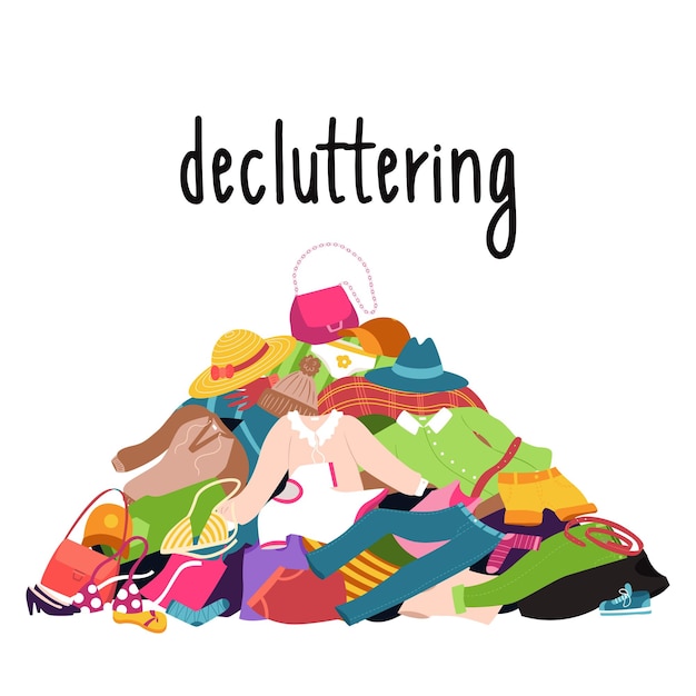 Vector a pile of clothes and shoes lying on the floor blouse hat jeans bag mess heap of things decluttering overconsumption color vector illustration of isolated on a white background