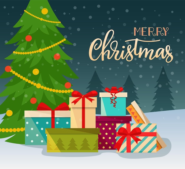 Pile of colorful wrapped gift boxes in front of the christmas tree. Vector illustration.