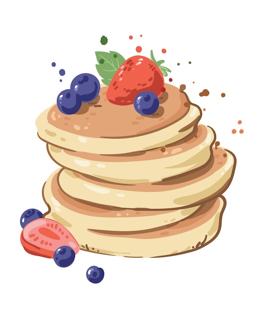 Pile of delicious pancakes with berries topping, vector illustration