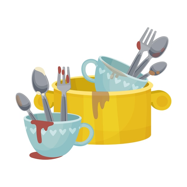 Pile of dirty kitchen utensils and crockery left after lunch vector illustration