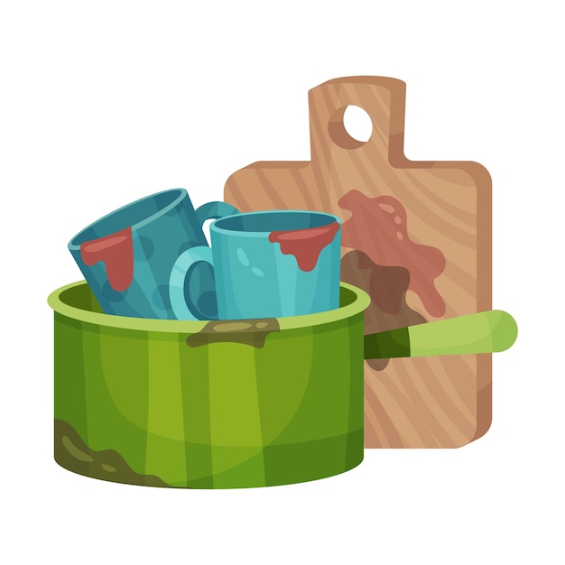 Pile of dirty kitchen utensils and crockery left after lunch vector illustration