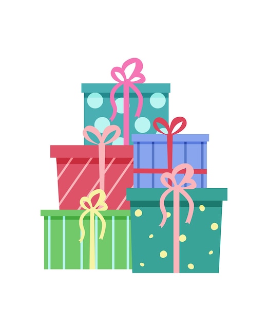 Pile of gift boxes in festive wrapping paper with ribbon and bows Stack of different presents for Christmas holiday Flat vector illustration isolated on white