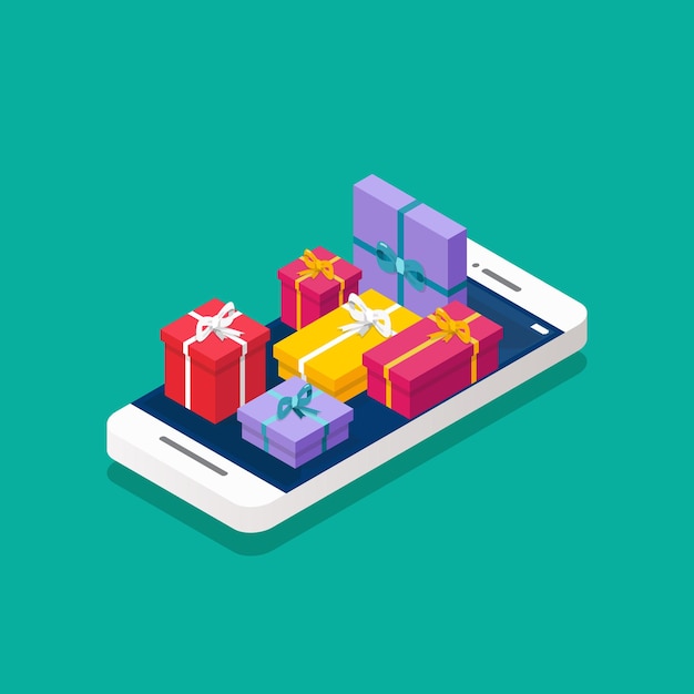 Pile of gift boxes on the smartphone screen isometric. Vector illustration