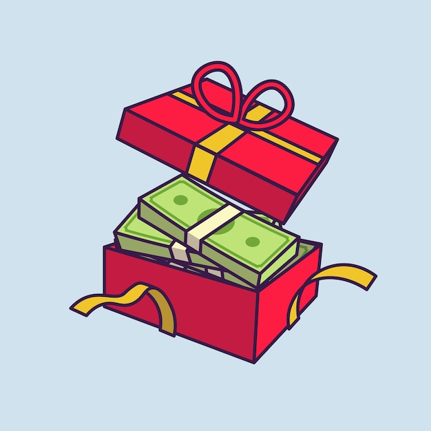 Pile of money in gift box flat design concept cartoon vector icon illustration isolated