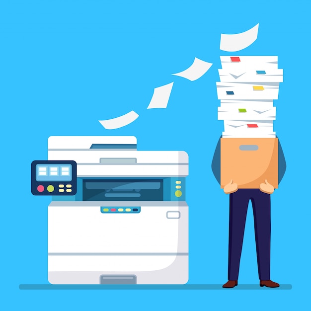 Vector pile of paper, busy businessman with stack of documents in carton, cardboard box. paperwork with printer, office multifunction machine. bureaucracy concept. stressed employee.  cartoon 