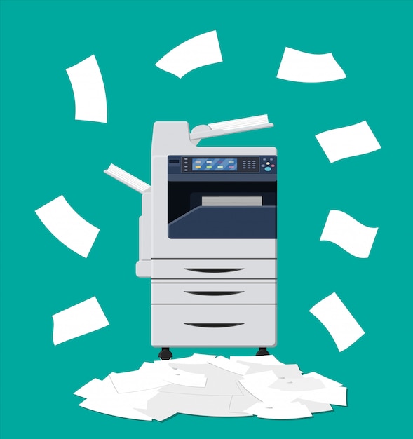 Pile of paper documents and printer