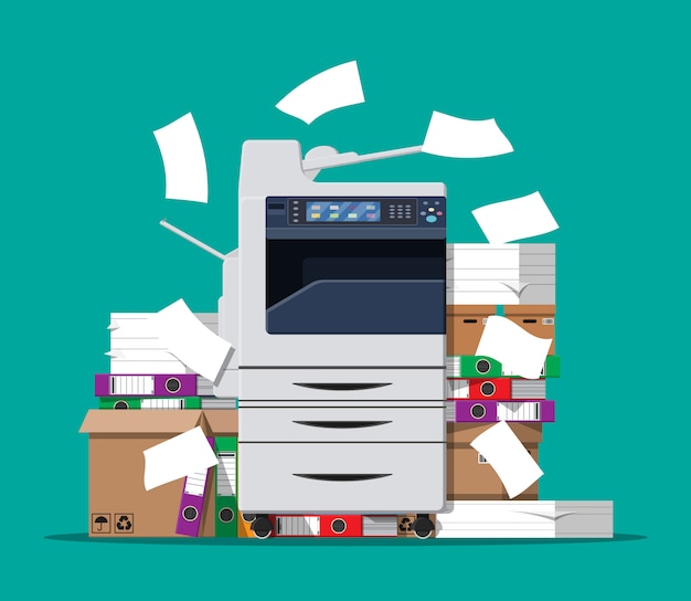 Pile of paper documents and printer