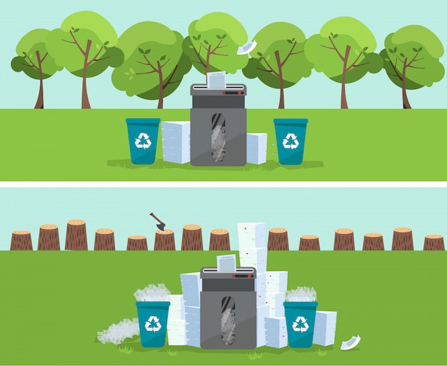 A pile of paper and documents stands above big floor shredder in front on green trees and stumps. Many paperwork concept. Huge stacks of used paper and plastic recycle bins. Flat   illustration.