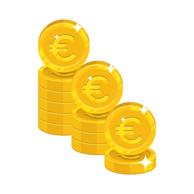 Piles gold euro isolated cartoon icon Three heaps of gold euro and euro signs for designers and illustrators Gold stacks of pieces in the form of a vector illustration