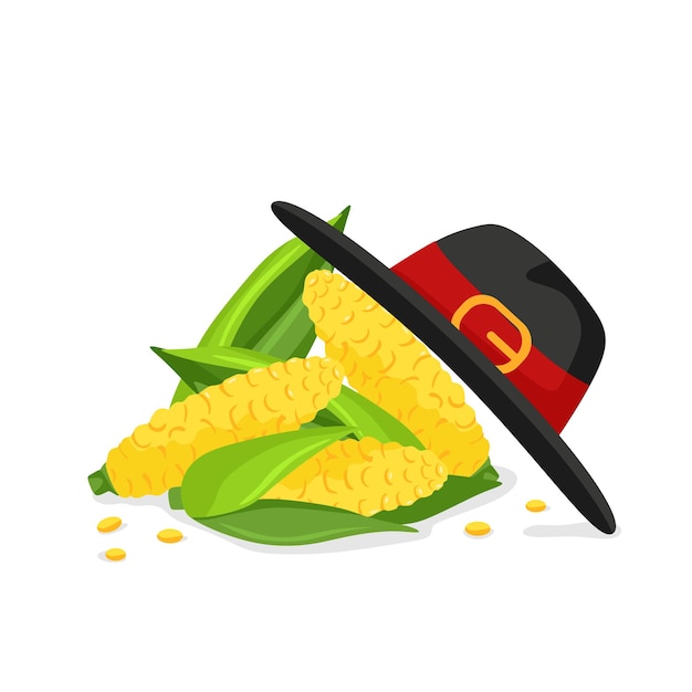 The pilgrim's hat is lying on the ears of corn. Vector illustration from a cartoon.