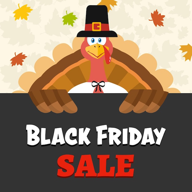 Pilgrim Turkey Bird Cartoon Mascot Character Over A Sign Black Friday Sale