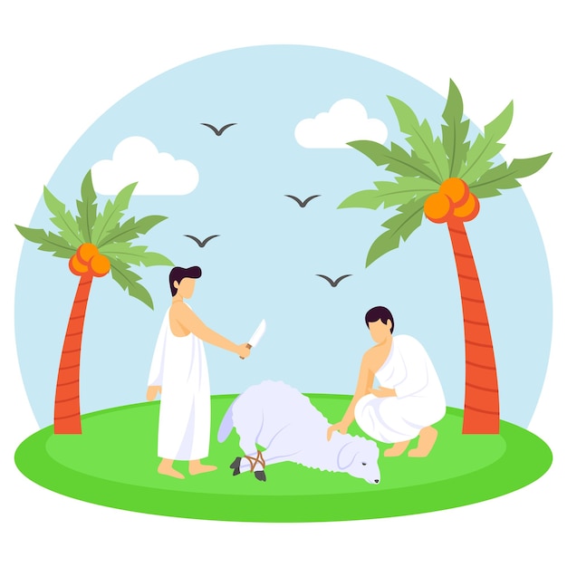 Pilgrimage with Qurban concept, Person Wearing Ihram with Goat, Eid al-Azha or Eid ul Kabir Symbol