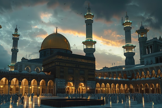 Vector pilgrims circumambulate the kaaba at masjidil haram in makkah saudi arabia muslims all around