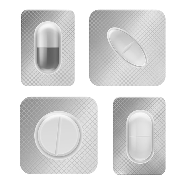 Vector pill blister pack. realistic medical tablet individually packed, vitamin capsule in plastic container front view, antibiotic or painkiller pharmacy drugs packaging vector isolated template