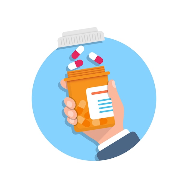 Pill bottle in hand illustration in flat style Medical capsules vector illustration on white isolated background Pharmacy sign business concept