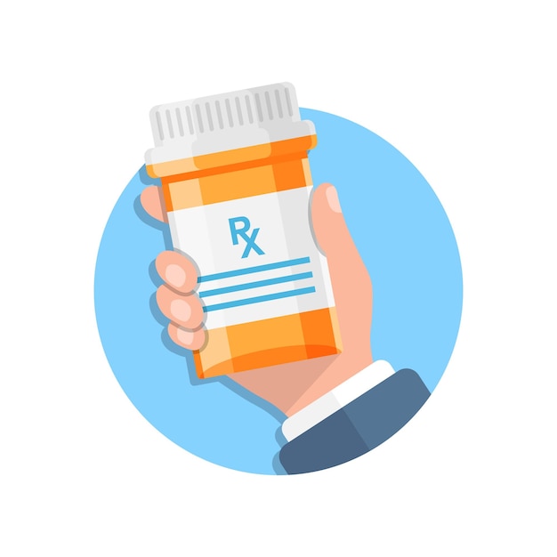 Pill bottle in hand illustration in flat style Medical capsules vector illustration on white isolated background Pharmacy sign business concept