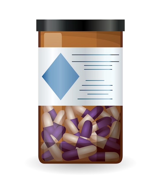 Vector pill bottle label and pills inside medical jar for pills drugs tablets capsules or vitamins pharmaceutic container in vector flat style design medicine bottle isolated on white background