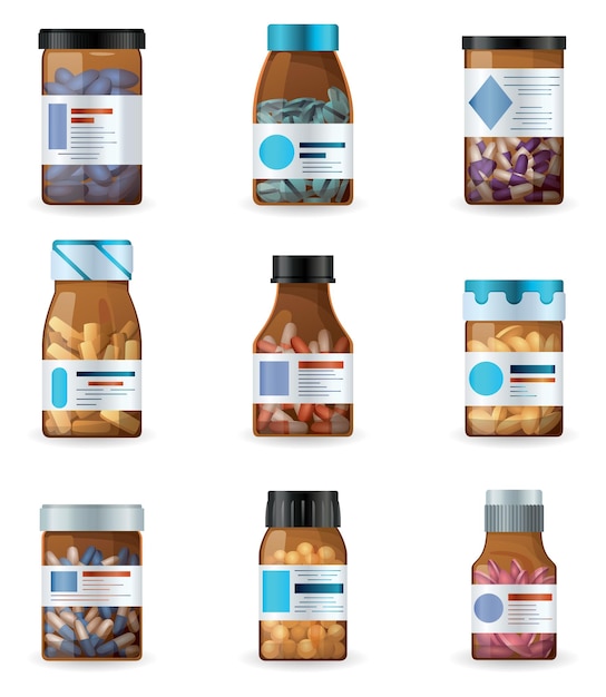 Pill bottles collection with labels and pills inside Various medical jar for different types of pills drugs tablets capsules vitamins Pharmaceutic containers in vector flat style design