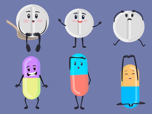 Pill character set collection. Vector illustration.