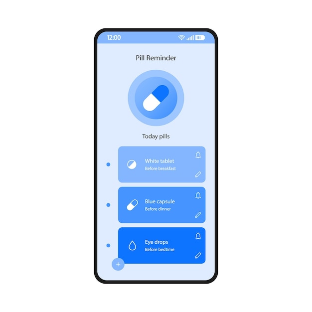 Pill reminder app smartphone interface vector template. Drugs list page screen blue design layout. Medication tracker mobile application. Meds manager flat UI. Medical prescriptions on phone display