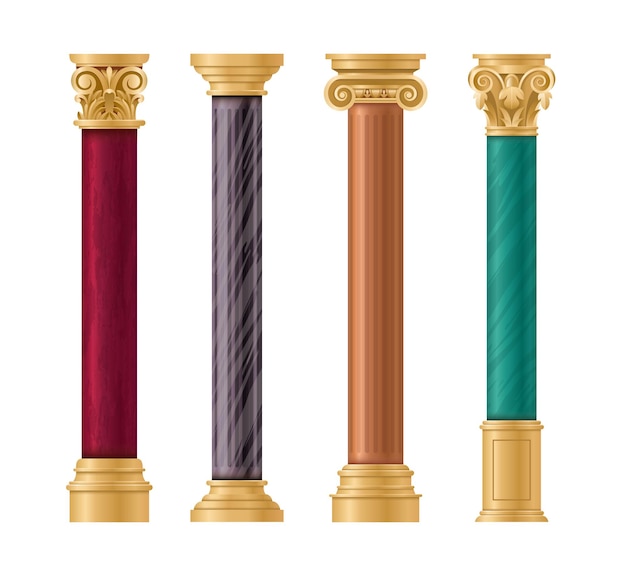 Pillars architectural set. Classic marble column with gold pillar  in ancient different styles