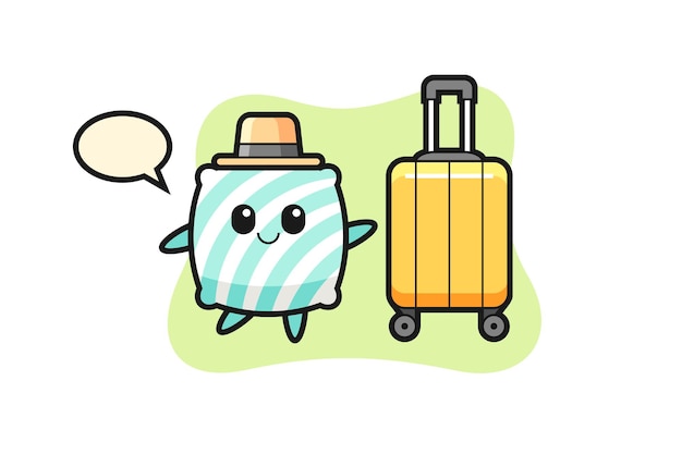 Pillow cartoon illustration with luggage on vacation