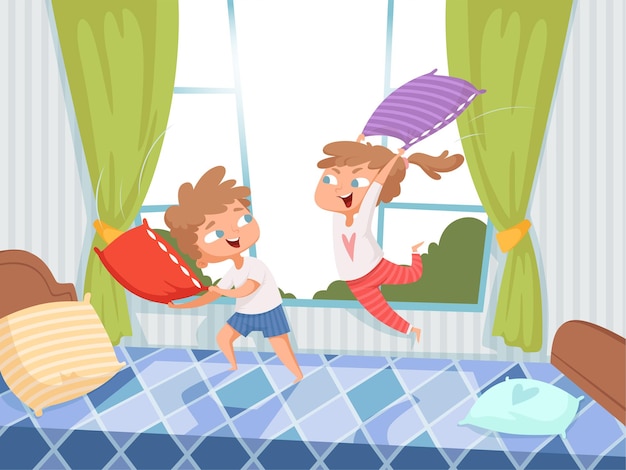 Pillow game. Kids in children room jumping on bed pyjama party funny playful characters with pillows  background.