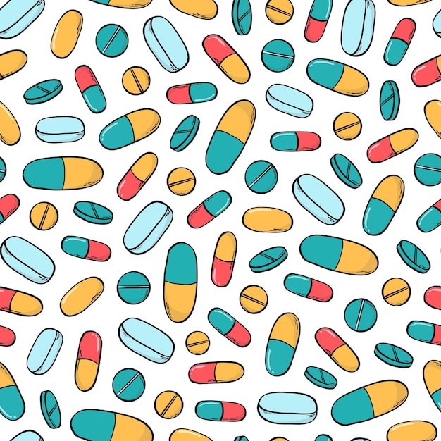 pills painkillers vitamins doodles seamless pattern