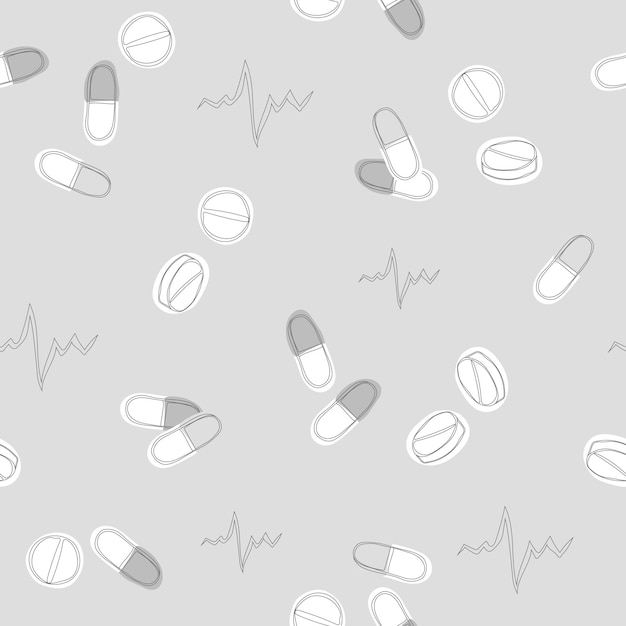 Vector pills seamless pattern. medical pills and capsules seamless pattern. grey pharmacy background.