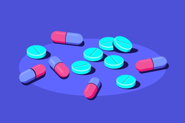 Pills and tablets of medical drugs on blue background. Medication, pharmaceutics concept. Flat style illustration.