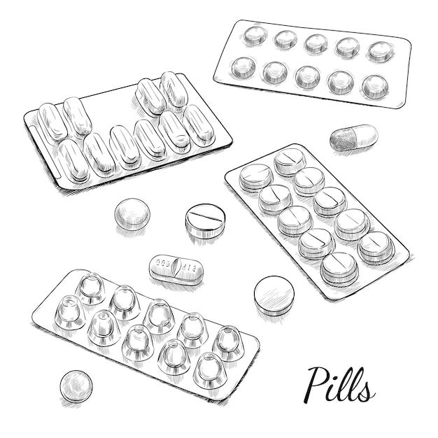 Pills Vector sketch Handdrawn medical illustration